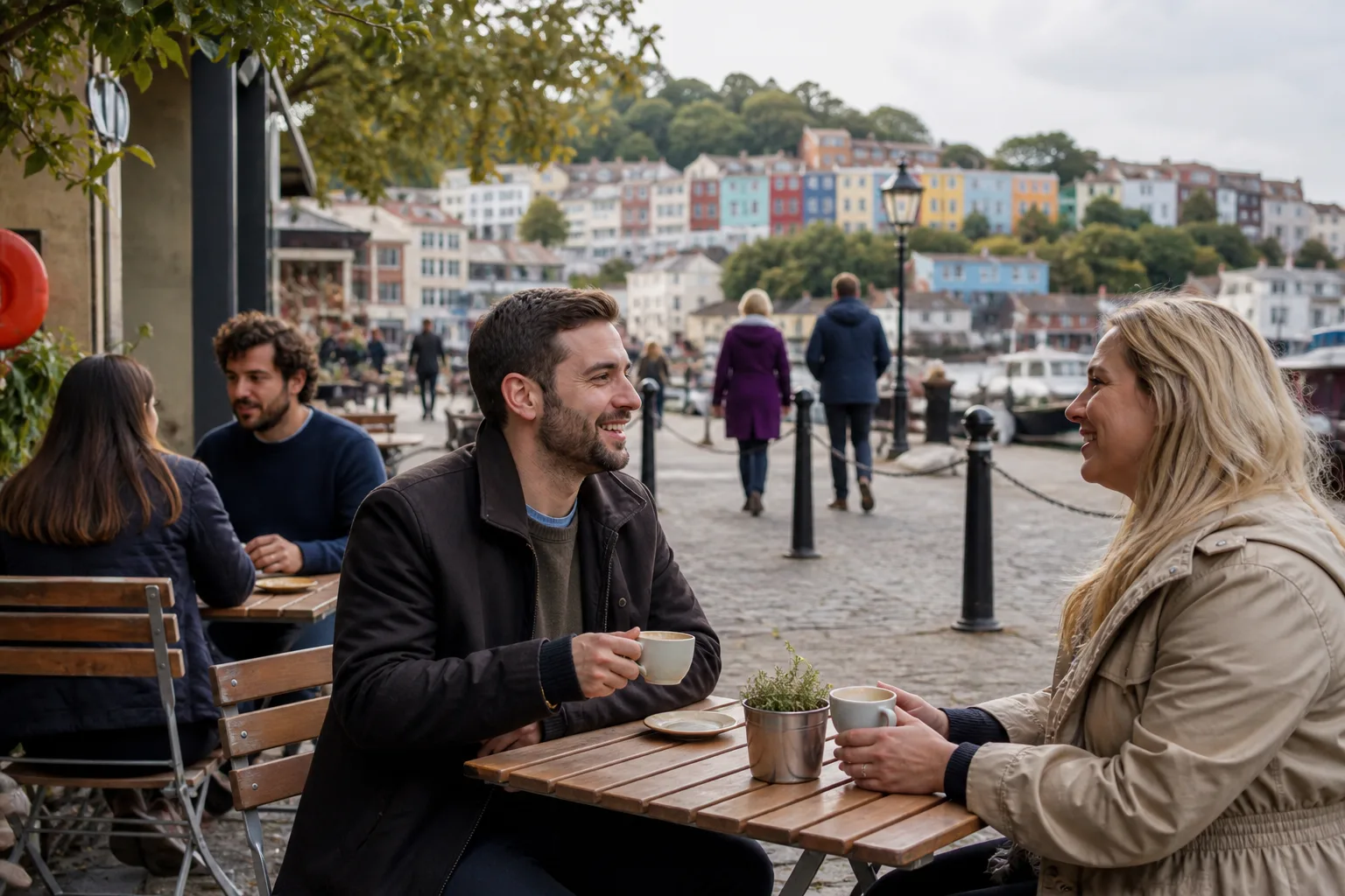 Two people chatting over coffee at an independent Bristol café