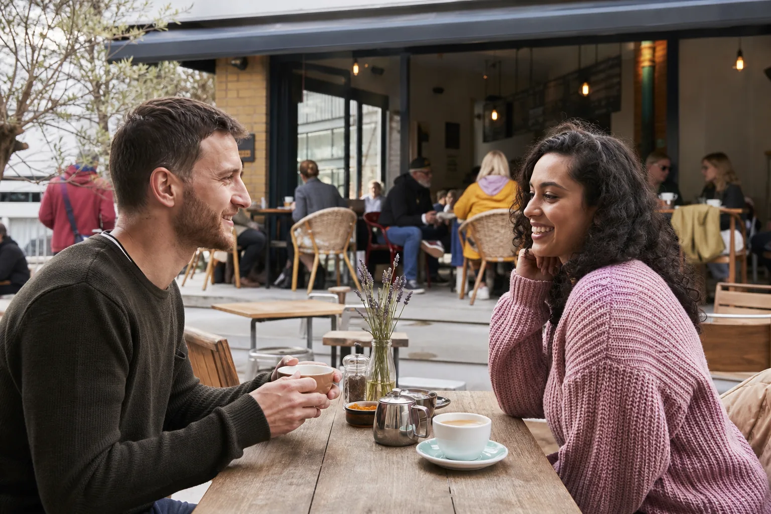 Two people talking beside Bristol harbourside