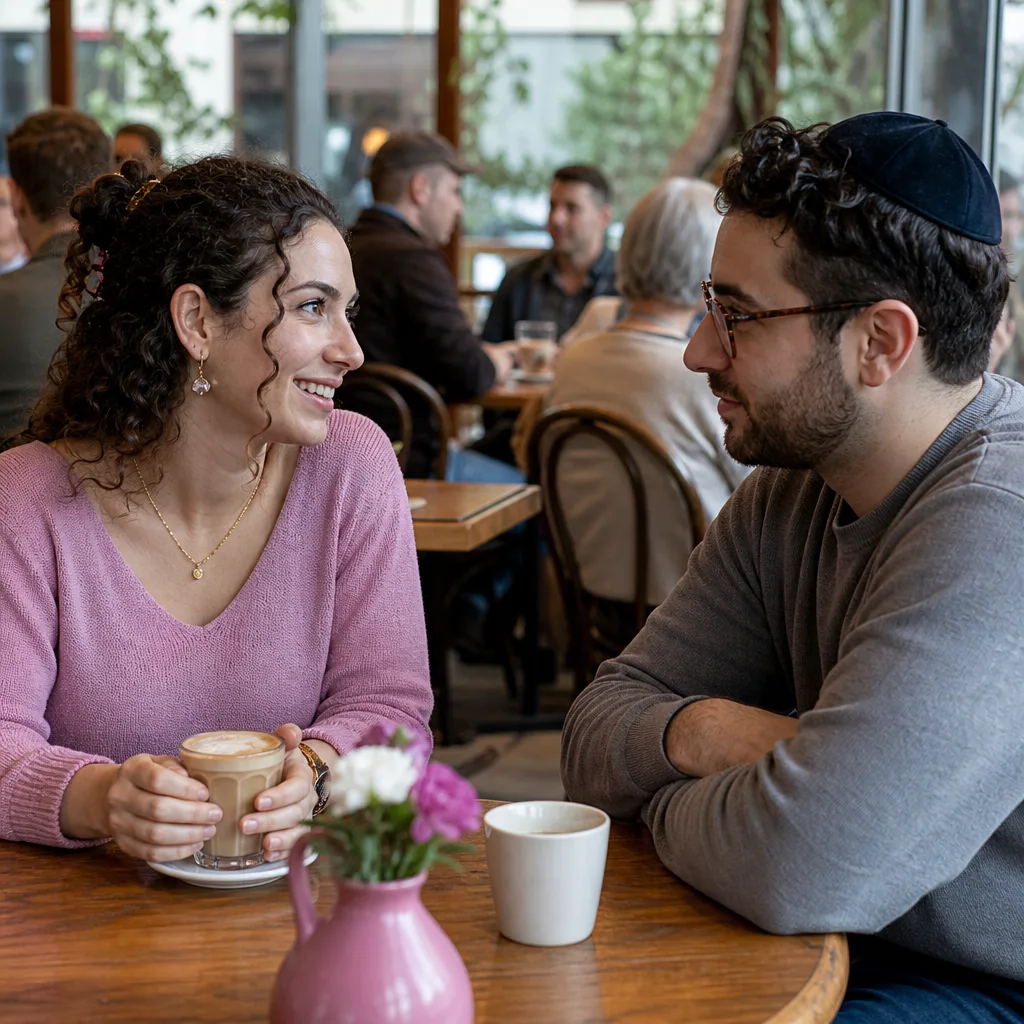 Two people discussing Jewish dating expectations at a Bristol café