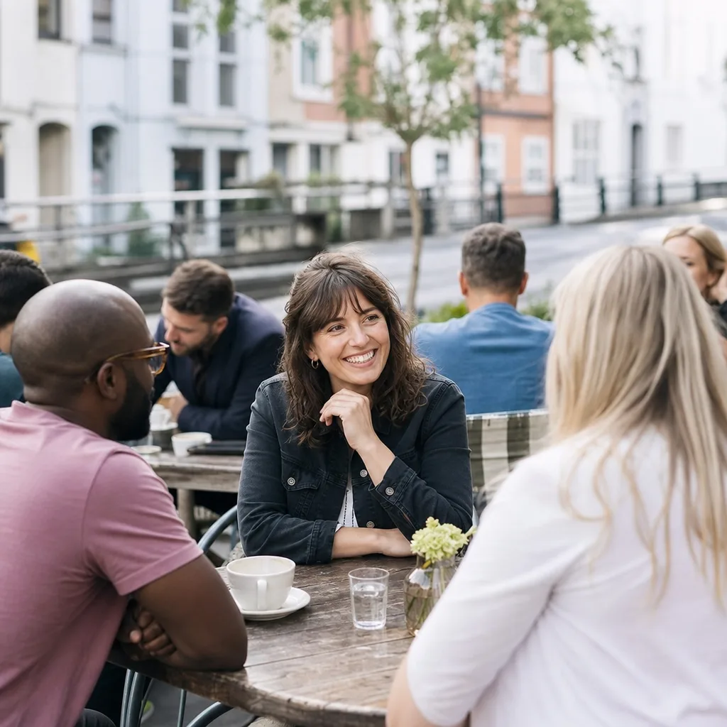 A daytime view of Bristol harbourside with cafés and pedestrians