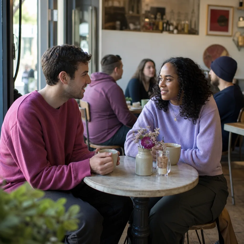 Two adults meeting in daylight near Bristol harbourside cafés
